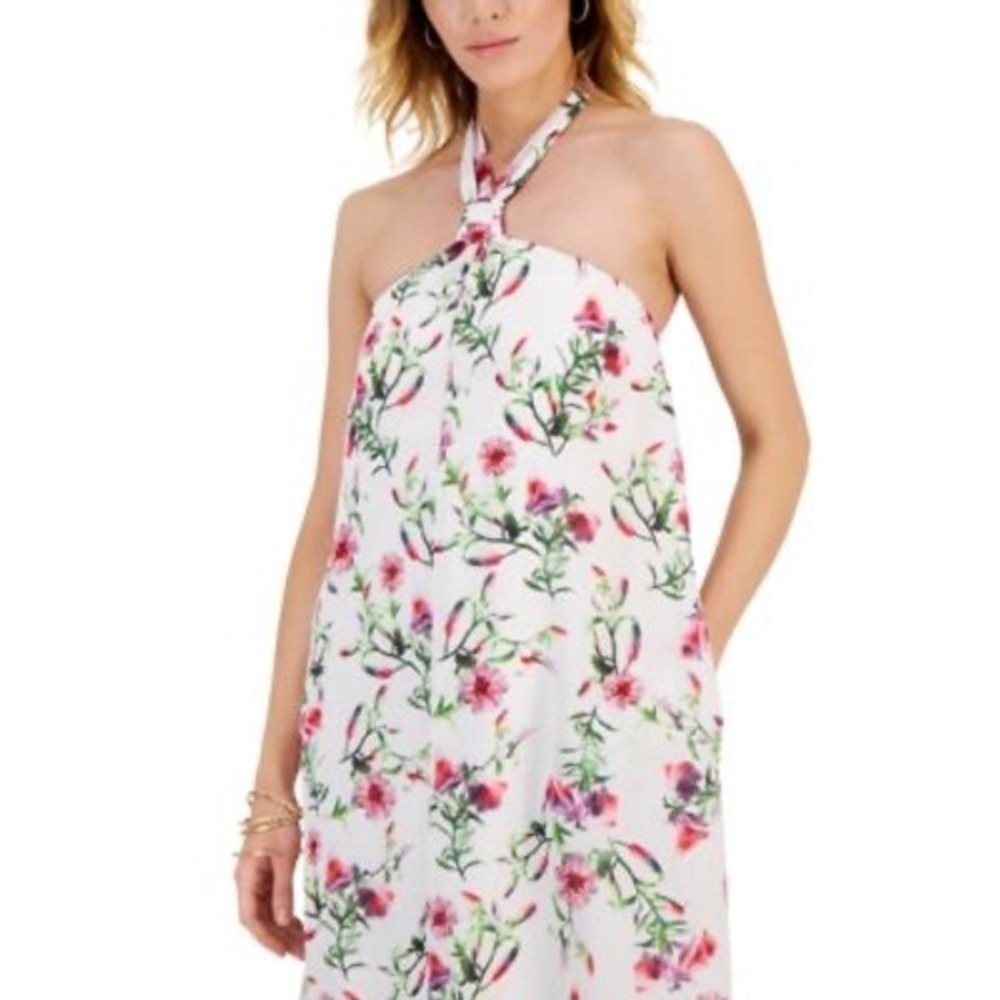 INC International Concepts Floral Halter Midi Dress White Pink Womens Small NEW